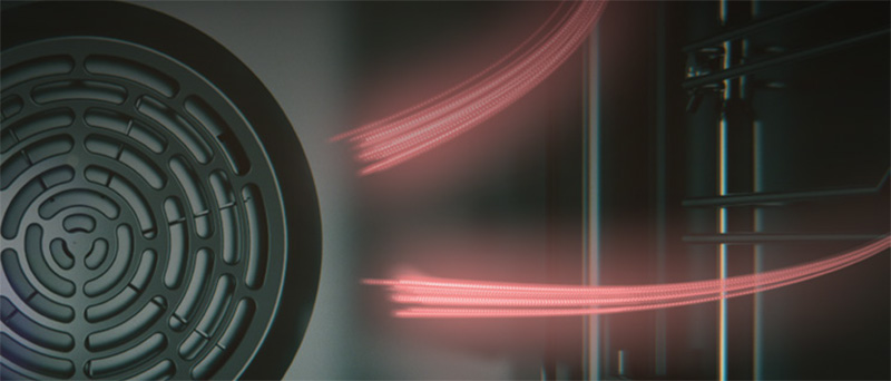 Abbildung: Backofen mit Heißluft-Technologie und sichtbarem Lüfter für gleichmäßige Luftzirkulation beim Garen.