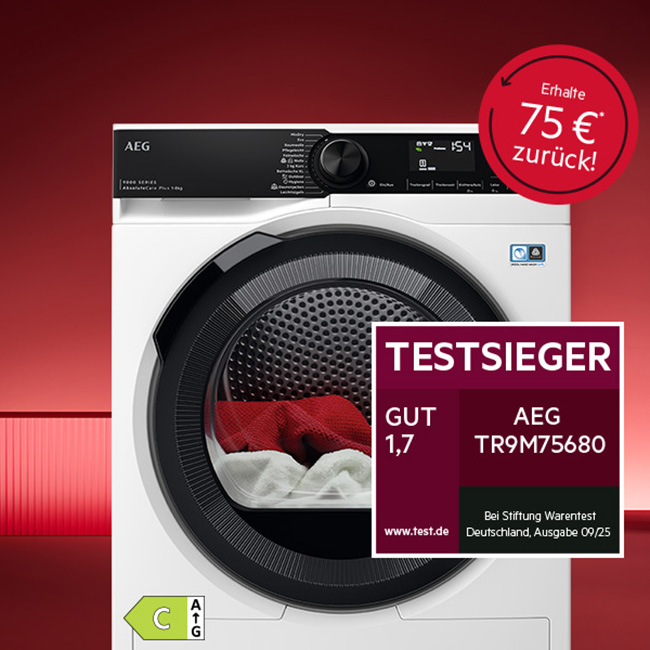 AEG Wärmepumpentrockner mit glatter Front und Testsieger-Label (Note 1,7), rote Rückvergütungsgrafik mit 75 €
