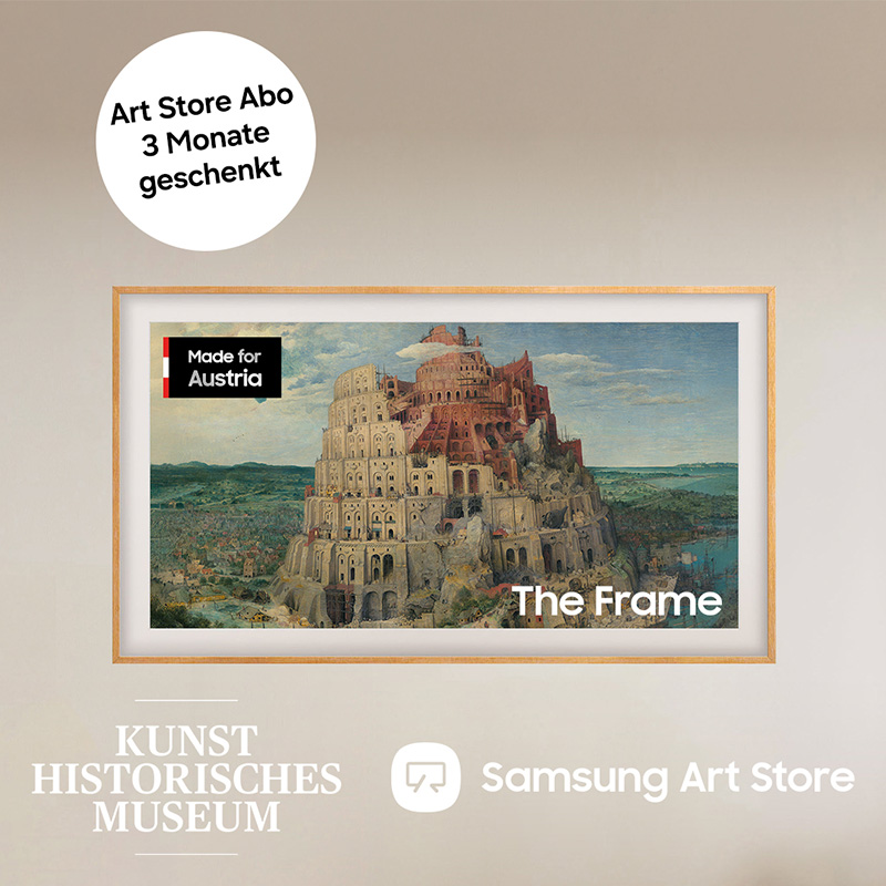 Samsung The Frame mit Kunstwerk im Dekorahmen. Hinweis: „Art Store Abo 3 Monate geschenkt“. Logos des Kunsthistorischen Museums Wien und Samsung Art Store sind abgebildet