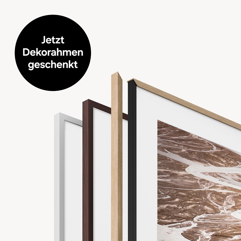 Samsung Aktionsmotiv mit verschiedenen Dekorahmen für The Frame. Hinweis: „Jetzt Dekorahmen geschenkt“