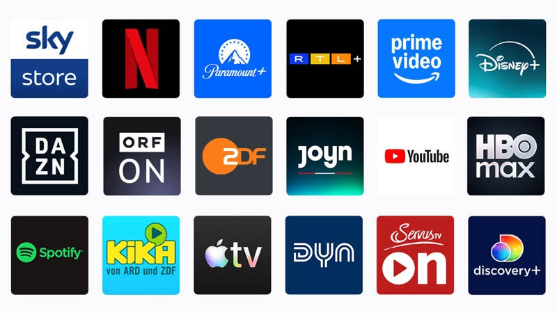 Übersicht verschiedener Streaming-Apps und Mediatheken, darunter Sky Store, Netflix, Paramount+, RTL+, Prime Video, Disney+, DAZN, ORF ON, ZDF, Joyn, YouTube, HBO Max, Spotify, KiKA, Apple TV, DYN, ServusTV On und discovery+.